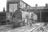 Shed scene at 72A Exmouth Junction in August 1961. The repair shop stands to the left of the running shed. Locomotives in the yard include M7 0-4-4T 30025 and N class 2-6-0 31846.<br><br>[K A Gray 17/08/1961]
