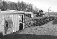 Looking south east from the loading bank towards the signal box at Markinch around 1980.<br><br>[Bill Roberton //1980]