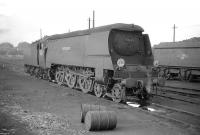 Bulleid <I>West Country</I> Pacific no 34102 <I>Lapford</I> on shed at Oxford on 29 June 1959.<br><br>[Robin Barbour Collection (Courtesy Bruce McCartney) 29/06/1959]