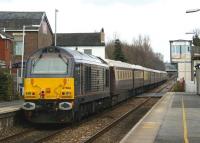 67006 on the rear of a <I>Northern Belle</I> charter heading east through Bamber Bridge towards Blackburn on 14 March 2010. The train was routed via Hellifield to Carnforth before making it's way south along the WCML via Lancaster and Preston to Liverpool. <br>
<br><br>[John McIntyre 14/03/2010]