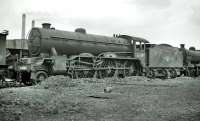 Gresley B17 4-6-0 no 61665 <I>Leicester City</I> in the yard at Doncaster Works, thought to have been photographed on 24 May 1959, a month after its withdrawal from Yarmouth South Town (32D).<br><br>[K A Gray 24/05/1959]