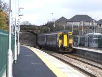 156 437 pulls into Dunlop with a Kilmarnock service on 17 March 2010. It is only 3 months since restoration to a double track station took place here and everything is still looking pristine. <br>
<br><br>[David Panton 17/03/2010]