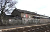 The old goods shed alongside Busby station on 17 March 2010.<br><br>[David Panton 17/03/2010]