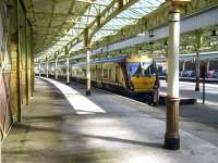 The next train to Glasgow Central stands at platform 1 at Wemyss Bay on 2 April 2010.<br><br>[Veronica Inglis 02/04/2010]
