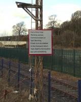 A notice to the driver on an armless signal post on the approach to <br>
Rosyth Dockyard, photographed on 27 March. Don't confuse 'Train Staff' with Train Crew, as I first did, or it becomes a little absurd. <br>
<br><br>[David Panton 27/03/2010]