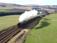 The <I>Great Britain III</I> heads north at Peterhead Farm just south of Gleneagles on 11 April 2010 with Britannia Pacific no 70013 <I>Oliver Cromwell</I> in charge.<br><br>[Brian Forbes 11/04/2010]