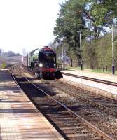 60163 <I>Tornado</I> powering through Dalston, Cumbria, just after 1.30pm on 14 April with the <I>Cumbrian Coast Tornado</I>. The locomotive is heading for a well earned rest at Carlisle, having left Crewe around 7am. The weather could not have been better.<br>
<br><br>[Brian Smith 14/04/2010]