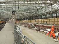 The new platforms 12 and 13 at Glasgow Central on 15 April 2010. The main construction activity appears to be complete with track now in place and finishing work in progress.<br><br>[Graham Morgan 15/04/2010]