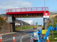 The new bridge over the A77 just to the north of Girvan station in position on 20 April 2010. [See image 28448]<br><br>[Colin Miller 20/04/2010]