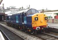 DRS 37087 stands at Keighley station in June 2008.<br><br>[Craig McEvoy 08/06/2008]