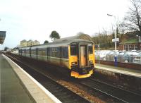 Haymarket's Class 150s took over from first-generation DMUs on Fife <br>
Circle, Dunblane and Bathgate services until they all disappeared <br>
suddenly in 2005 for service in Wales, their services being taken over by 158s and 170s. I don't think many people missed them, particularly if they had the full complement of buttocks. On 1 April 1995 set 150 245 calls at Linlithgow with a Dunblane service.<br><br>[David Panton 01/04/1995]
