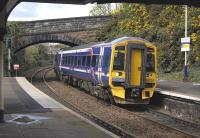 158707 draws to a halt at Burntisland on 26 April with a stopping service to Glenrothes with Thornton.<br>
<br><br>[Bill Roberton 26/04/2010]