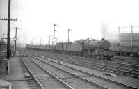 An unidentified Black 5 at the south end of Stirling station in the late 50s/early 60s. Stirling Middle signal box stands in the left background with the locomotive shed beyond.<br><br>[Robin Barbour Collection (Courtesy Bruce McCartney) //]