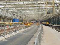 Looking towards the buffer stops along the new platforms 12 & 13 at Glasgow Central on 6 May 2010. Erection of overhead wires, levelling and other finishing work has still to be completed.<br><br>[Graham Morgan 06/05/2010]