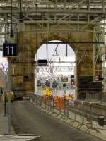 The archway over the new platforms 12 & 13 at Glasgow Central. Notice the banner repeater to the right under test at 13.<br><br>[Graham Morgan 06/05/2010]