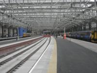 A view looking to the buffer stop of the two new platforms in Glasgow Central.<br><br>[John Yellowlees 12/05/2010]