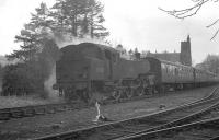 A neglected looking BR Standard class 4 2-6-4T no 80118 is about to leave Moffat on 29 March 1964 and head back along the branch to Beattock with the six coaches of the SLS 'Scottish Rambler No 3' Railtour.<br><br>[K A Gray 29/03/1964]
