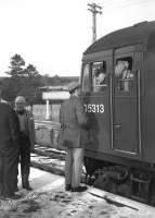 A passenger chats with the driver and the secondman (remember them?) while the final westbound Speyside passenger special pauses at Knockando en route from Aberdeen to Aviemore on Saturday 2nd November 1968. <br><br>[David Spaven 02/11/1968]