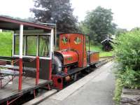 Scene on the narrow gauge Launceston Steam Railway (built along the trackbed of the former North Cornwall Railway) in August 2008. Quarry Hunslet 0-4-0ST <I>Covertcoat</I> (works no 679 of 1898) is standing at the platform.<br><br>[Bruce McCartney 28/08/2008]