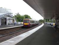 The unusual site of a train leaving Kirkcaldy 'wrong line' on Sunday 30 May. The temporary timetable caused by engineering works saw a <br>
two-hourly service from Dunfermline Town to Kirkcaldy via Thornton. <br>
This unit is heading for the Down siding where it will bide its time <br>
before entering the Down platform for return to Dunfermline.<br>
<br><br>[David Panton 30/05/2010]