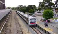 An outbound TransPerth emu leaving the suburban side of East Perth station WA on the narrow gauge line in September 2008. The tracks and platform to the left are standard gauge and are used by the 'Indian Pacific' services from Sydney which terminate here.<br>
<br><br>[Colin Miller 20/09/2008]