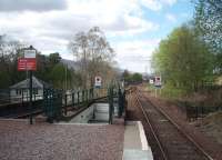 Looking north from the end of the platform at Bridge of Orchy towards Rannoch. The subway entrance to the island platform that is typical of West Highland stations can be seen along with surviving buildings in the station yard to the left. <br><br>[Mark Bartlett 18/05/2010]
