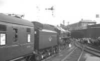 The MRTS/SVRS <I>Farewell to BR Steam</I> railtour stands at the east end of Blackburn station on 28 July 1968 during a photostop. At the head of the train is Britannia Pacific no 70013 <I>Oliver Cromwell</I> on its way to Carnforth via Hellifield. <br><br>[K A Gray 28/07/1968]