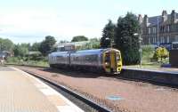 View north at Larbert on 17 June, as 158 722 pulls in with a Dunblane to Edinburgh service.<br><br>[David Panton 17/06/2010]
