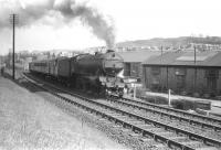 K3 2-6-0 no 61916 of Canal shed takes the 12.25 Hawick - Carlisle past Loch Park PW depot shortly after getting underway on Saturday 3 May 1958.<br><br>[Robin Barbour Collection (Courtesy Bruce McCartney) 03/05/1958]