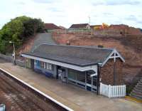 Construction work currently underway at Cupar station on the long-awaited disabled access. View over the up platform on 18 July 2010. [See image 16815] <br><br>[Andrew Wilson 18/07/2010]