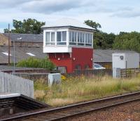 Cupar signal box. View across the running lines from the up platform on 18 July 2010. <br><br>[Andrew Wilson 18/07/2010]