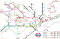 In 1960 London Underground decided its maps needed a new look so <br>
hired designer Harold Hutchison to replace Harry Beck. These maps were not popular, especially (and understandably) with Beck. The sharp angles are jarring, and that unnecessary business where the Metropolitan crosses the Central Line is just amateurish. Note the absence of the Victoria Line (then in planning) and the Jubilee (even further into the future). Hutchinson's maps lasted only a few years. The next designer, Paul Garbutt, was more faithfull to Beck.<br><br>[David Panton //1960]