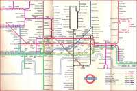 Harry Beck's iconic Underground map was first published in 1933, and <br>
he spent the rest of his life almost obsessively revising it (or <br>
tinkering with it), not just because of changes in the network. Some of these revisions were even published. This one was current in 1957.Whereas originally the southern end of the Northern Line was a left-pointing diagonal, as it is today, here it is vertical. Also the bottle shape of the Circle Line was temporarily abandoned for a rectangle. <br>
<br><br>[David Panton //1957]