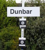 'Nobody's child...' Spartan unbranded signage at Dunbar on 28 May 2010. It is Helvetica typeface, once the BR standard but rapidly disappearing throughout Britain.  Dunbar has rejoined the ScotRail network, but I don't think 2 trains a day Monday to Friday qualifies it for 'Scotland's Railway' signs! [See image 51828]<br>
<br><br>[David Panton 28/05/2010]