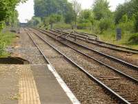 Oswestry Branch Junction and run round spur viewed looking south from Gobowen Station in May 2010. The line on the right formerly served the now abandoned coal yard sited alongside the station. <br><br>[David Pesterfield 24/05/2010]