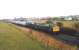 EE Type 4 no D200 (40122) pilots Black 5 no 44767 <I>George Stephenson</I> near Dornock on 22 March 1986 with a Carlisle - Kilmarnock special. The steam locomotive and stock were gradually making their way north to Fort William for a season of West Highland excursions, while the Type 4 had hauled the train from Carlisle in compliance with the BR ban on steam working under OHL at that time. <br><br>[Bruce McCartney 22/03/1986]