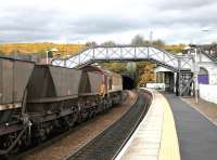 Down coal train passing through North Queensferry station in April 2005 bound for Longannet power station.<br><br>[John Furnevel 28/04/2005]