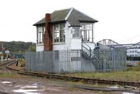 The surviving Rosyth Dockyard signal box in April 2005. View east towards the road and rail bridges.<br><br>[John Furnevel 28/04/2005]