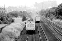 DMUs to and from Fife pass at Saughton in June 1973.<br><br>[John Furnevel 15/06/1973]