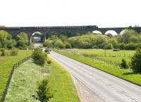 A GNER HST crossing the A911 road on Markinch Viaduct in May 2005 - photographed looking east.<br><br>[John Furnevel 01/05/2005]