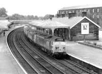 A pair of class 50s with a diverted Glasgow - Euston train passing through Dumfries on Sunday 20 June 1971 during electrification work on the WCML.<br><br>[John Furnevel 20/06/1971]