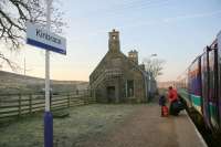 6.44am on 31 March 2007 and the first train of the day from Thurso arrives at Kinbrace.<br><br>[Ian Dinmore 31/03/2007]