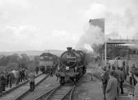 D5160 and 62005 (in the process of running round) at Redmire during the visit of the SLS <I>Three Dales Railtour</I> on 20 May 1967. The diesel had propelled the train forward in order to clear the way for 62005 to complete the run round manoeuvre using the short loop.<br><br>[Robin Barbour Collection (Courtesy Bruce McCartney) 20/05/1967]