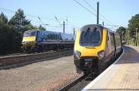 Competing East Coast IC225 and Arriva CrossCountry trains pass at Dunbar on 30 August.<br>
<br><br>[Bill Roberton 30/08/2010]