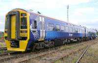 The first 158 set to appear in <I>Saltire</I> livery stands in the yard at Railcare, Springburn, on 4 September 2010.<br><br>[First ScotRail 04/09/2010]