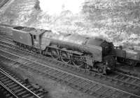 A1 Pacific no 60134 <I>Foxhunter</I> photographed at Kingmoor in the early sixties. The Leeds based locomotive was probably in the process of preparing to return home with a train via the S&C. 60134 was withdrawn from Neville Hill shed in October 1965.<br><br>[Robin Barbour Collection (Courtesy Bruce McCartney) //]