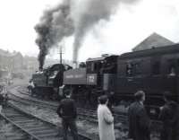 A historic day on the Keighley & Worth Valley Railway on 29 June 1968 as Ivatt 2-6-2T no 41241 + USA 0-6-0T no 72 take the inaugural train out of Keighley following the reopening ceremony.<br><br>[David Pesterfield 29/06/1968]