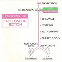 This is a scan of the right-hand end of a 5 foot long line diagram from A60 stock.  The diagram was current around 1985.  In those days the East London Line was deemed to be a 'section' of the Metropolitan and rendered in a hollow form of the Metropolitan's magenta.  The Circle Line was also operationally part of the Metropolitan, but it would be unthinkable to show it the same way as the East London.  <br><br>[David Panton 26/09/2010]