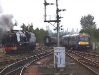 6233 gets the road from the siding at Stirling Middle box on 2 October 2010 to go south to Greenhill Upper in order to turn. The Pacific had arrived with the 1Z69 Stafford - Stirling <I>Royal Scot</I> special.<br><br>[Brian Forbes 02/10/2010]