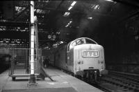 Deltic no D9017 <I>The Durham Light Infantry</I>waits to leave platform 1 at Edinburgh Waverley with the 16.00 service to Kings Cross on 27 May 1968.<br>
<br><br>[Bill Jamieson 27/05/1968]